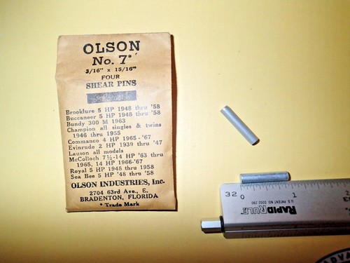 (2) Vintage Olson No. 7, 3/16" x 15/16" Boat Motor Shear Pin Set. - Picture 2 of 2