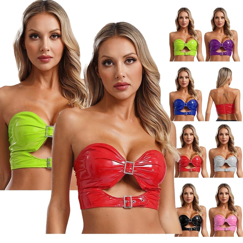 Mujeres Sexy Camiseta sin mangas de tubo con cremallera brillante de cuero sintético aspecto húmedo Bustier Foto 2 de 4