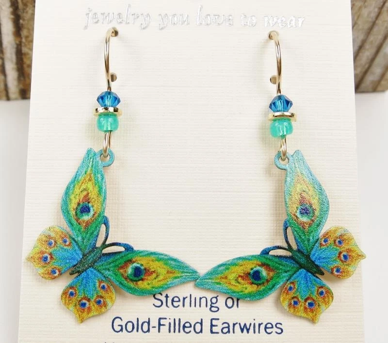 Sienna Sky Earrings 925 Sterling Silver Hook Green and Yellow Butterfly 1966 - Image 3 of 4