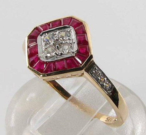 9K 9CT GOLD INDIAN RUBY DIAMOND CLUSTER ART DECO INS FRENCH CUT RING FREE RESIZE - Picture 2 of 5