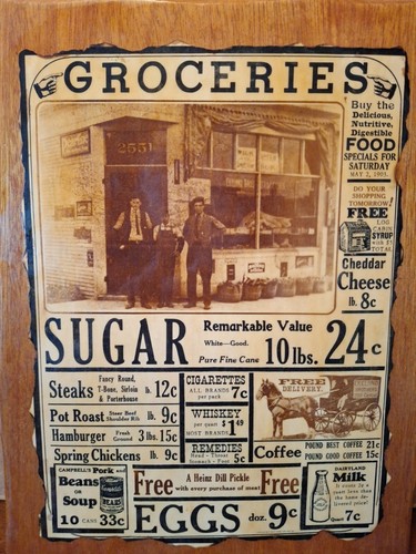 Vintage 1903 Wooden GROCERIES Sign Black  White Lettering Prices Eggs Farmhouse  - Picture 2 of 5