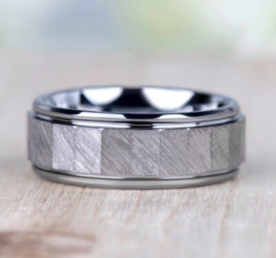 Mens Tungsten Ring Faceted Mens Ring Brushed Stepped Edge Wedding Band