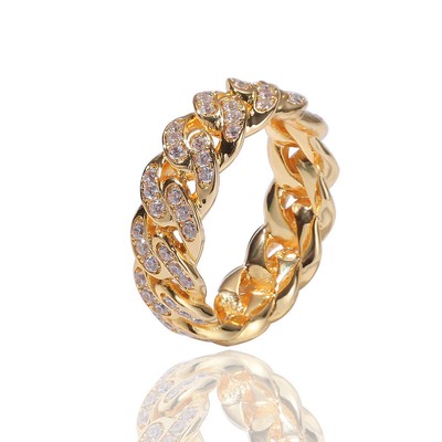 Hip Hop Shining Zircon Casting Cuban Chain Ring 18K Real Gold Plated Finger Ring