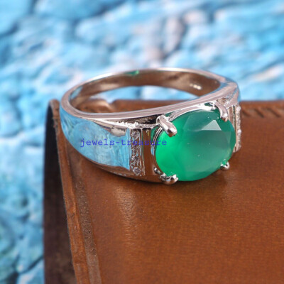 Natural Green Onyx & CZ Gemstones With 925 Sterling silver Ring For Men's #4566