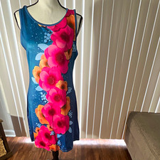 Women’s M Shift Dress Blue/Pink/Orange Floral Scoop Neck Sleeveless Knee