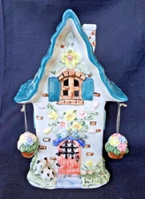 Ceramic Cottage House Tea Light Holder Luminary Birds Flowers Cat