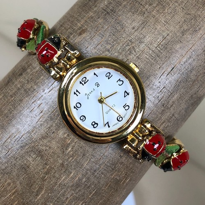#ad Vintage Jennie B Women Fashion Charm Lady Bug Bracelet Round Quartz Watch 7quot; $99.95