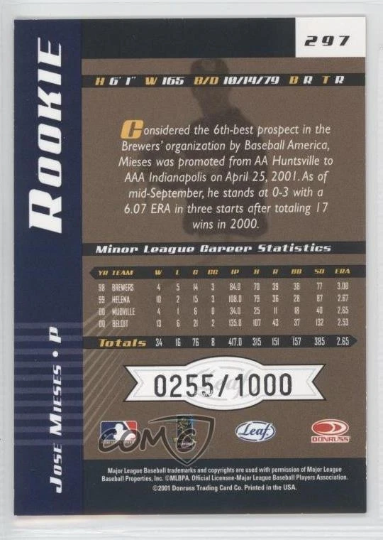 2001 Leaf Limited Rookie /1000 Jose Mieses #297 Rookie RC - Image 2 of 2