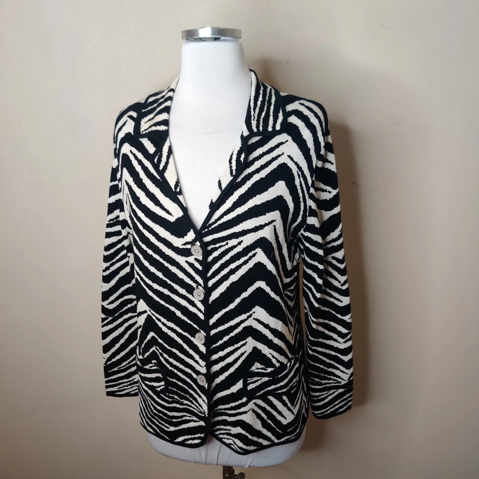 Cárdigan Suéter Chico's Talla 0/Pequeño Seda Algodón Cebra Rayas Tejido Elástico Foto 4 de 4