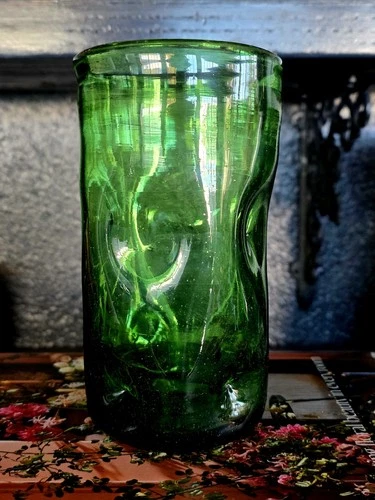 Blenko Vintage Emerald Green 6" Glass Tumbler Mid Century Modern Dimpled Pinched