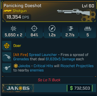 Borderlands 4  DOESHOT SHOTGUN  61639X5 DAMAGE SPREAD LAUNCHER JAKOBS