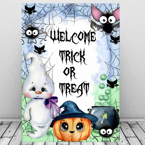 Halloween Party Print, Welcome Trick Or Treat, Kids Halloween Pumpkin Ghost Cute - Picture 2 of 3