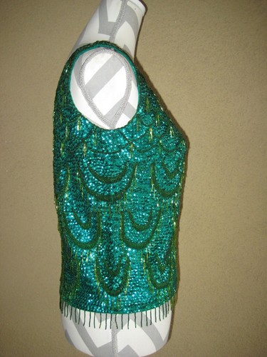 Vintage 60s green beads sequins art deco design sweater shell lined top 34 - Picture 6 of 12