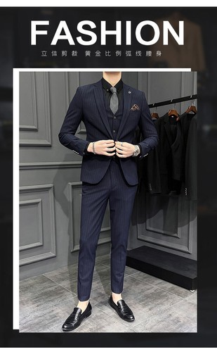 Mens Suit Striped Handsome Grooms Dress Set Korean Slim Fit Business Suit Blazer - Picture 9 of 25