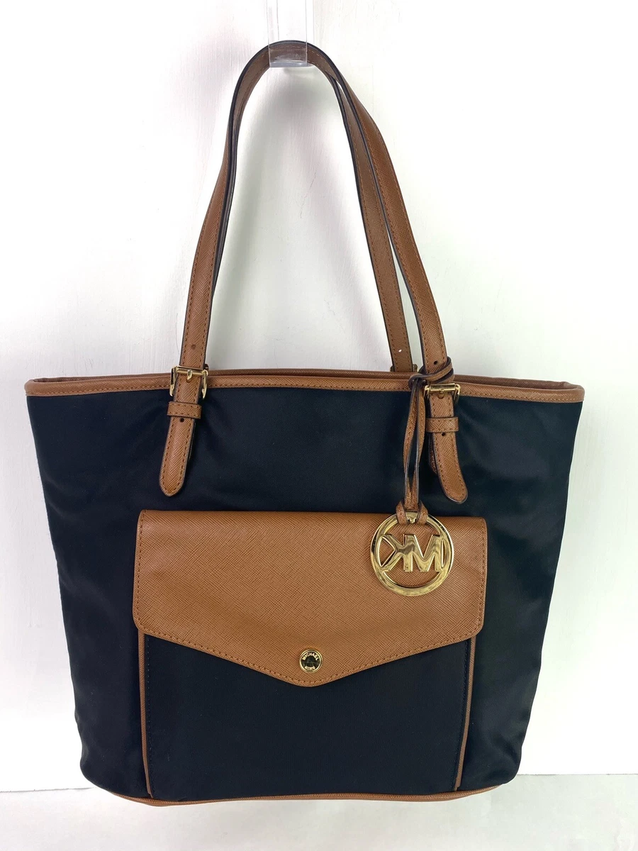 Michael Kors Jet Set Black Nylon Leather Front Snap Pocket Tote Purse