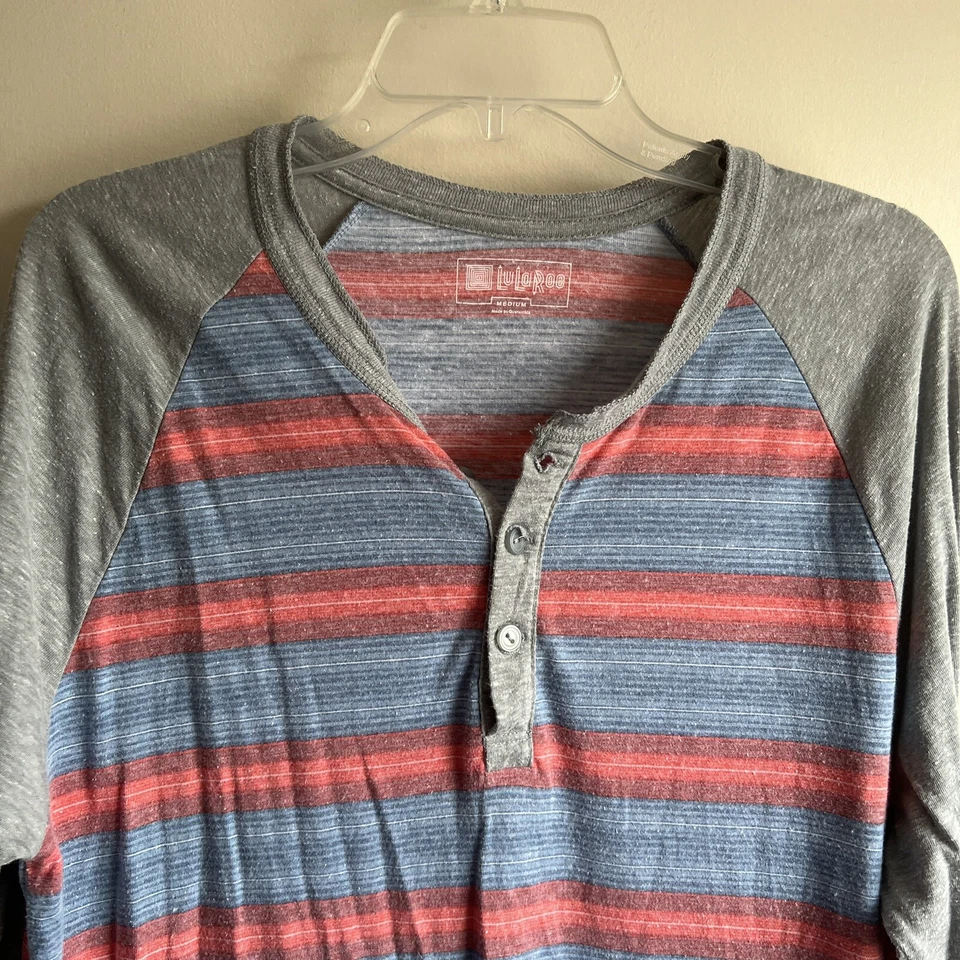 Lularoe Gray Blue Red Striped Long Sleeve Mark Henley Size Medium Unisex - Image 3 of 4