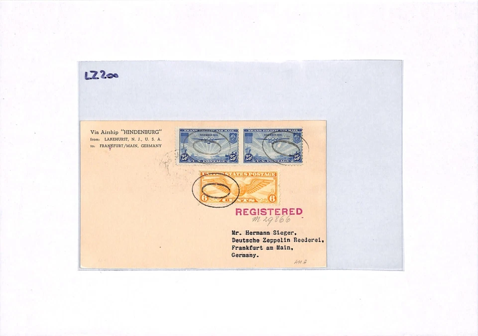 USA HINDENBURG ZEPPELIN Air Mail Card Lakehurst Frankfurt Registered LZ200 - Image 3 of 4