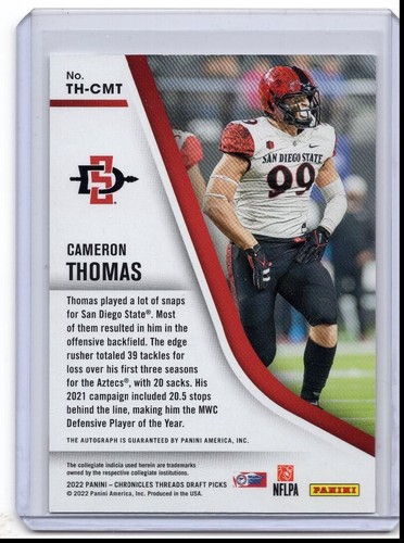 Cameron Thomas 2022 Chronicles Threads Rookie Signatures #TH-CMT Auto - Picture 2 of 2