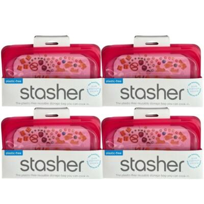 4-Piece Set STASHER Raspberry Reusable Food/ Snack Storage Bags, 7.5''x 4.5''x 1''