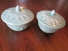 Vintage Pair of 1999 THAI CELADON Crackle Glaze Lidded Bowls Jade Green SIGNED