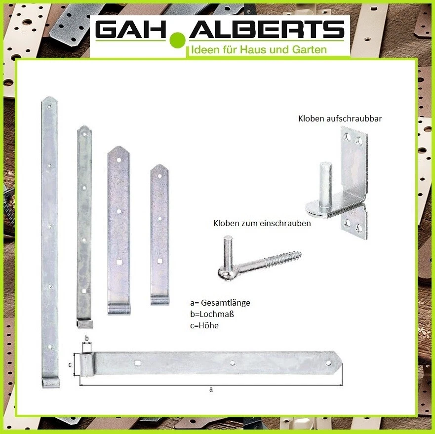 GAH ALBERTS Tor - Holz Scharnier Ladenband Befestigung + Kloben / Halterungen versch. Größen