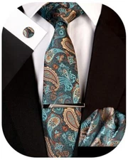 Men's Paisley Necktie and Pocket Square Cufflink Tie Clip Set Slim I-turquoise