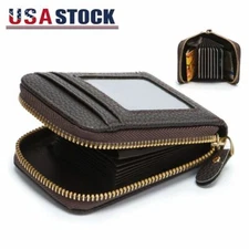 Men Wallet Credit Card Holder Genuine Leather RFID Blocking Zipper Pocket Brown