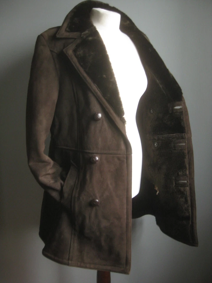 VINTAGE REAL LEATHER COAT suede 38 small fur military borg M&S St Michael MOUTON