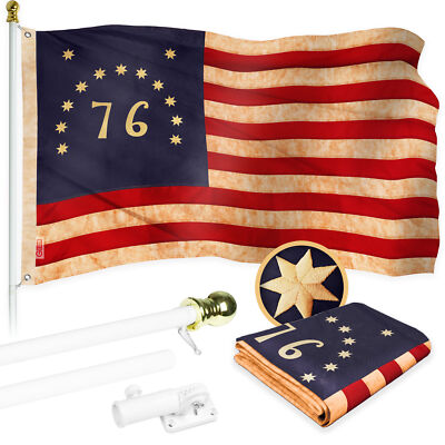 5 Ft Flagpole White & Bennington Tea-Stained Flag 2.5x4 Ft Embroidered 420D Poly