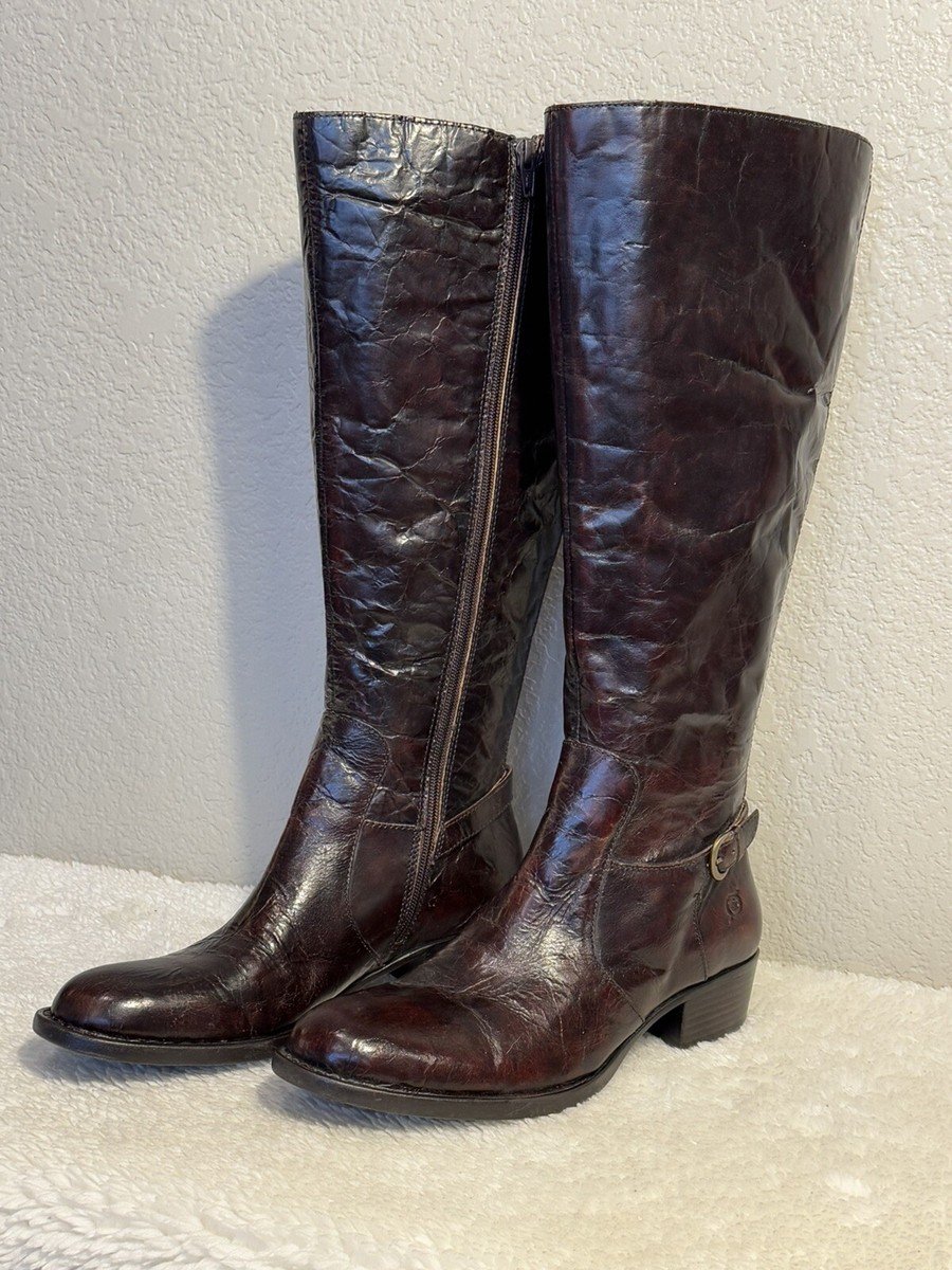 NWOB Born Mahogany Reddish Brown Crinkle Patent Leather Knee High Boots  Size