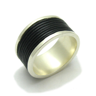 Sterling Silver Ring Band with Natural Leather Solid Punched 925 Handmade
