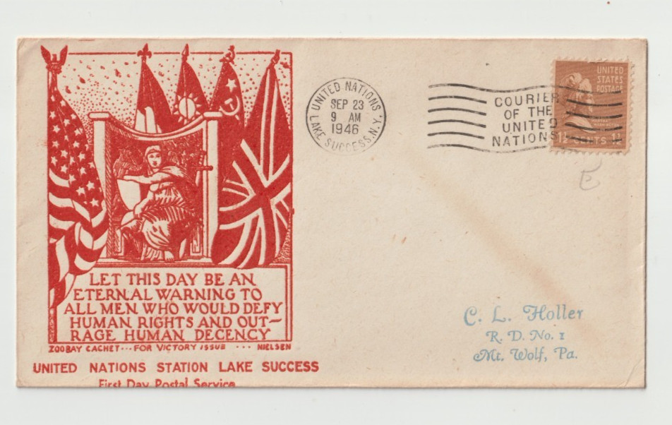 United Nations Headquarters, Lake Success, N.Y FDC Zoobay cachet #805 1938 1 1/2