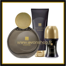 Lot de 3 produits Far Away Glamour Avon : eau de parfum, lait corps et vapo sac