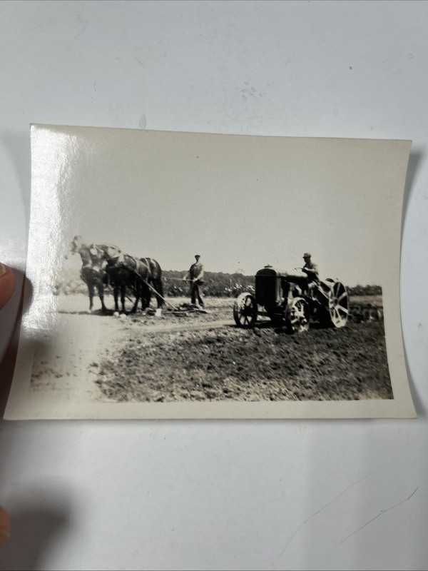 1920s-30s Farming Photo-Horse Team Plowing & Steel Wheel Tractor Snapshot