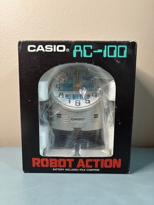 Vtg Casio AC-100 NIB Robot Stomping Action Alarm Clock Silver - New In Box