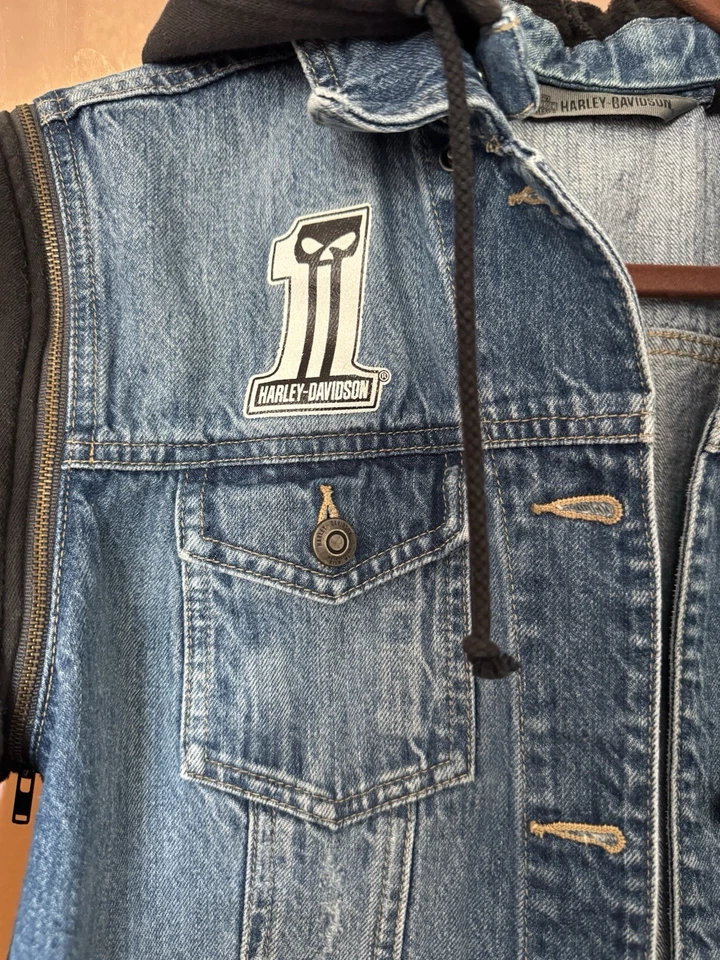 Harley-Davidson Ladies 98402-20VW Blue Black Zip-Off Sleeve Denim Jacket Size L - Image 4 of 4