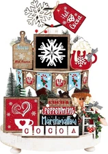 14 Pcs Christmas Tiered Tray Decor Set Wooden Sign Rustic Red 