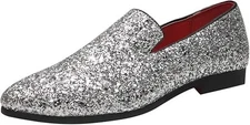 Santimon Men's US 6.5 - 12.5 Silver Glitter Slip-On Loafers Sequin Dress Shoes