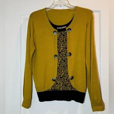 Elegant Vintage Mustard & Black Leopard-Trim Crop Sweater.  Medium