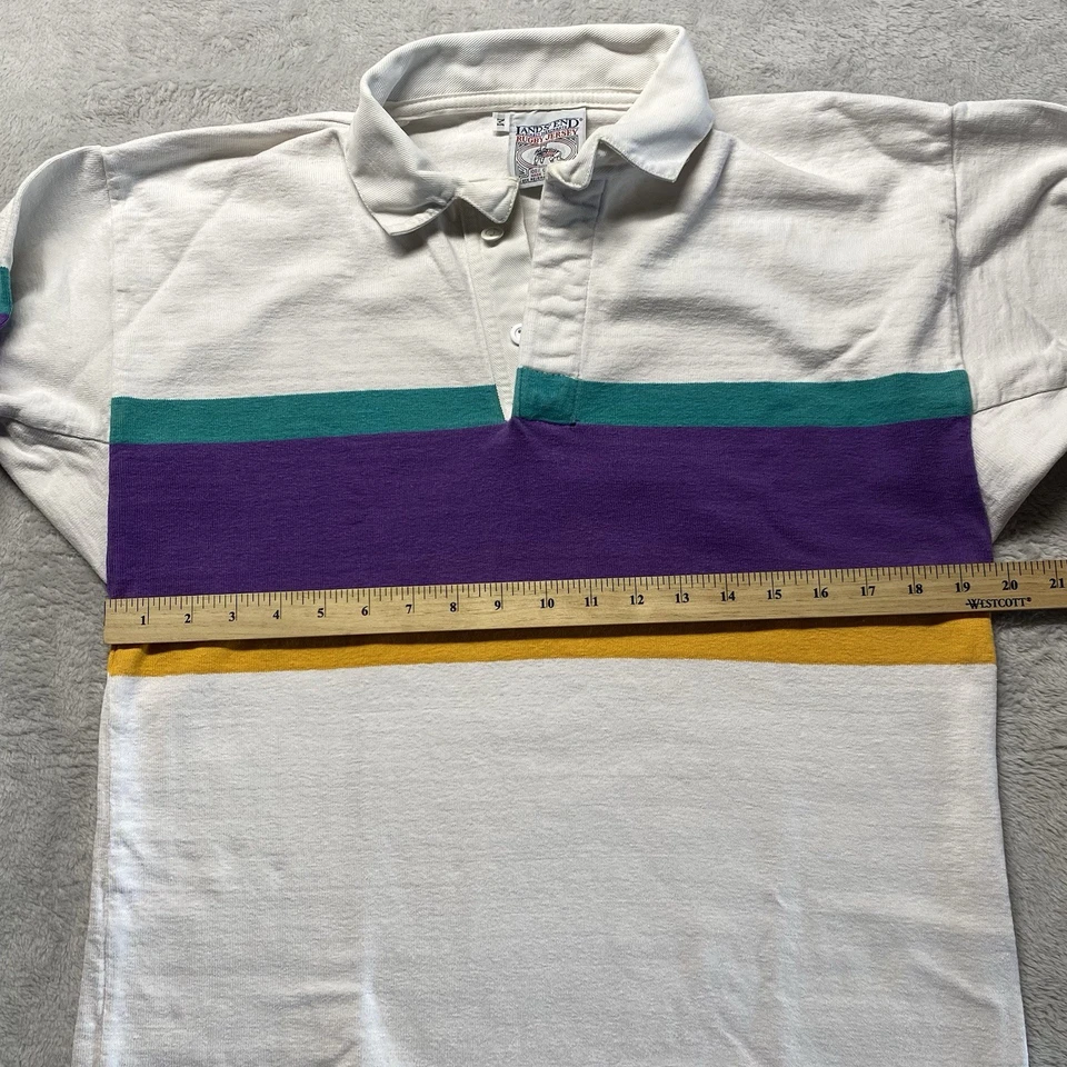 Camisa de Rugby Lands End De Colección Para Hombres Mediana Blanca Púrpura Polo Hiedra HECHA EN EE. UU. Años 80 90 Foto 4 de 4