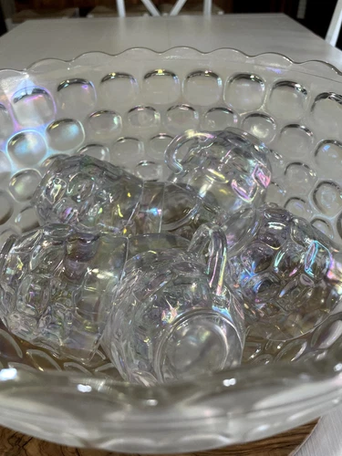 Vintage Federal Glass Clear Iridescent Thumbprint Punch Bowl w 8 Cups set, EUC