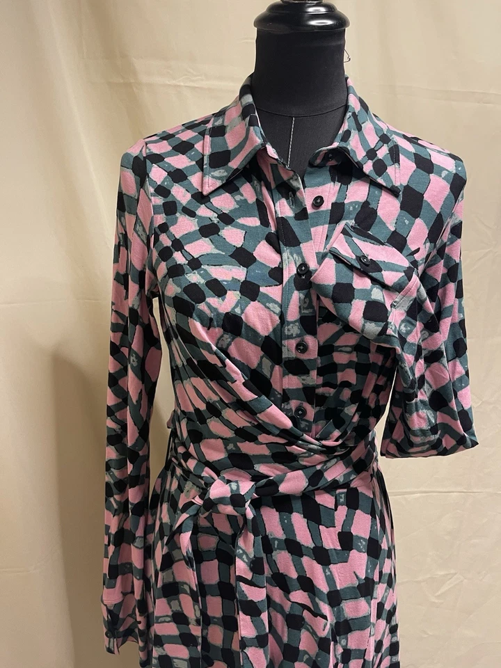 Diane von Furstenberg DVF розовый черный абстрактный Midi надежном платье S новый без ЯРЛЫКОВ LS CLASSIC - Изображение 4 из 4