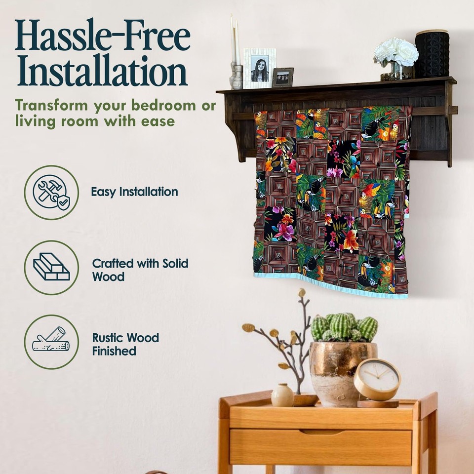 RELODECOR Wall Mounted Quilt Rack with Shelf - Solid Pine Wood, Rustic ...