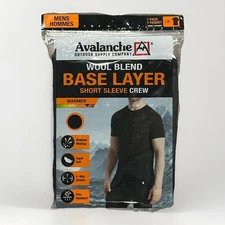 Avalanche Men’s Wool Blend Base Layer Short Sleeve Crew, Black, Large, New
