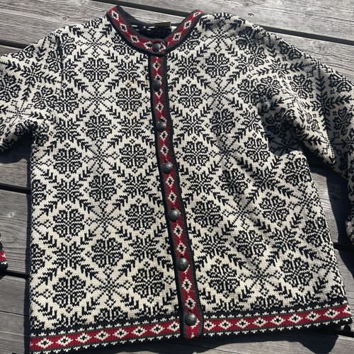 L.L. BEAN Vintage 90s Fair Isle Nordic Snowflake Cotton Chunky Knit Cardigan - Picture 3 of 9