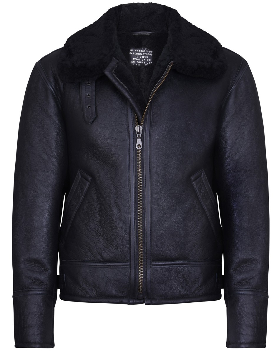 Herren Schwarz B3' Air Force' Echt Lammfell Aviator Pilot Fliegerjacke