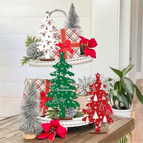 3 Pcs Wooden Christmas Tree Tabletop Signs Decor 3 Sizes Double Medium Green - Bild 6 von 7