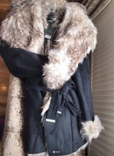 Lipsy Size 16 Black Faux Fur And Faux Suede Bonded Wrap Coat Jacket Bnwt