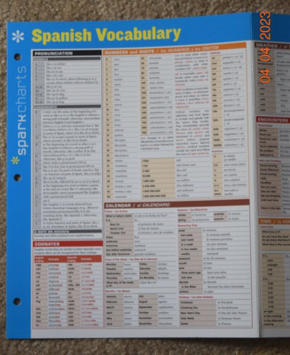 SPARKS NOTES CHARTS ''SPANISH VOCABULARY,'' 6 Pages, Paper (8.50'' x 11.00'') New