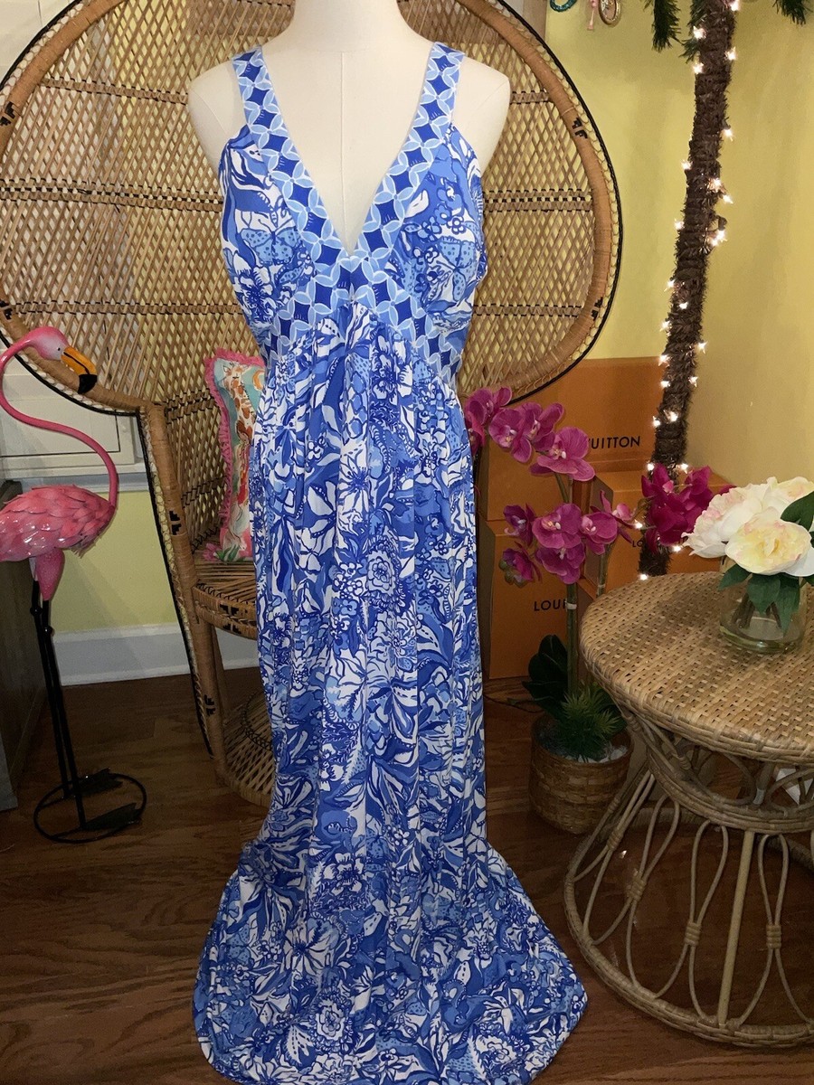 Lilly Pulitzer NWT Serena Maxi Dress Blue Tang Flocking Fabulous $208 SIze  14,16